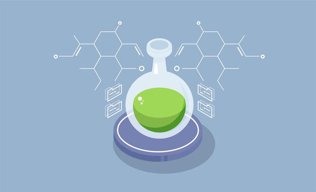 Isometric research pharmaceutical. chemical lab background with equipment.