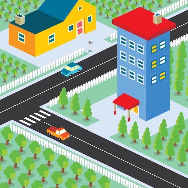 Vector isometric residential view cartoon theme