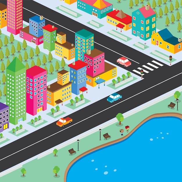 Vector isometric residential view cartoon theme