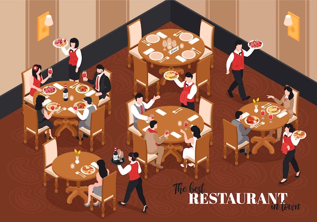 Isometric restaurant composition with indoor view of lobby with round tables and waiter characters with text  illustration