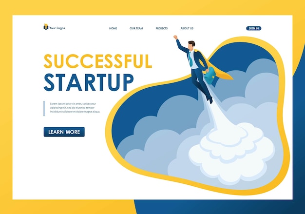 Isometric the rise of career a businessman launches a startup one Template landing page