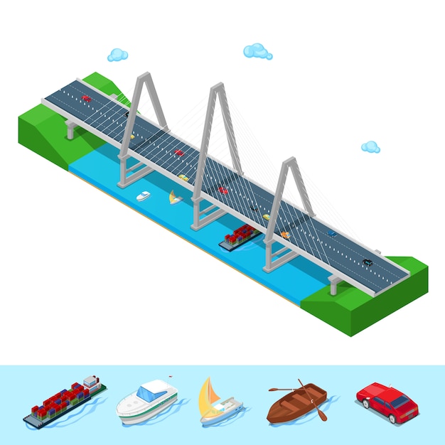 Vector isometric river bridge with ship boat highway and cars.