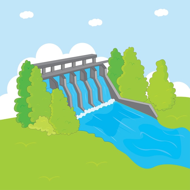 Vettore fiume isometrico con una diga stazione idroelettrica energia verde e progetto multiuso