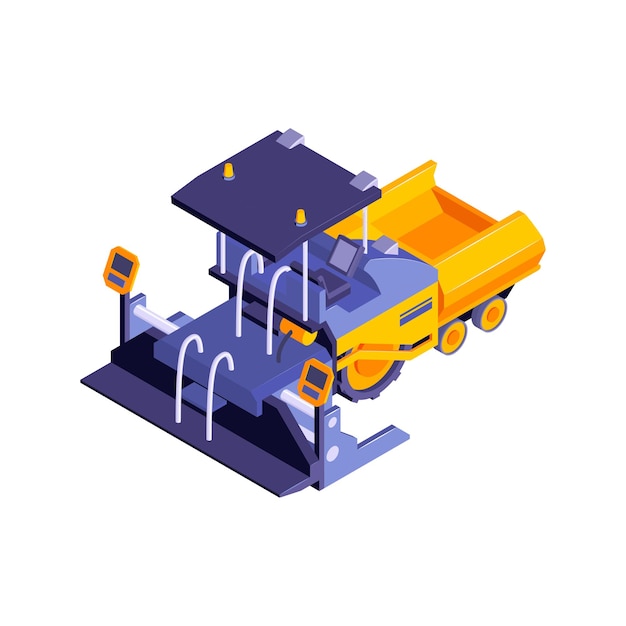 Isometric road construction roller composition with isolated image of conveyor belt feeder vector illustration