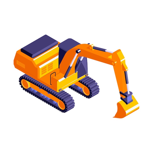 Isometric road construction roller composition with isolated image of excavator vector illustration