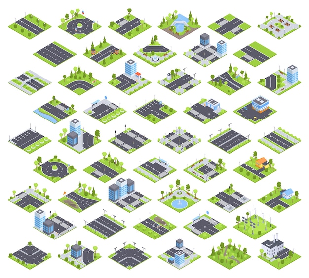 Изометрические дорожные элементы конструктор карт города Уличные перекрестки со светофорами рекламные щиты дорожные указатели и деревья 3D векторный набор иллюстраций Коллекция городских дорог города