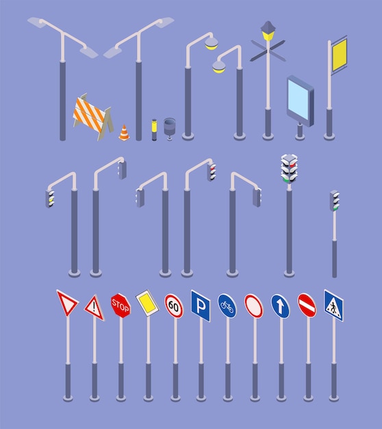 isometric road objects icons set