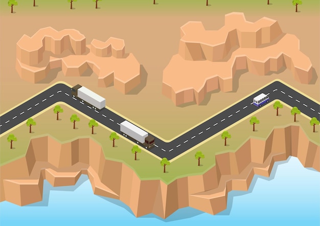 Vector isometric road between river and rock