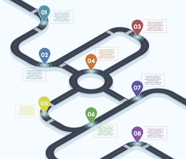 Vector isometric roadmap. city street road map infographic, 3d road timeline concept vector background illustration. highway road navigation map. city road, roadmap location points