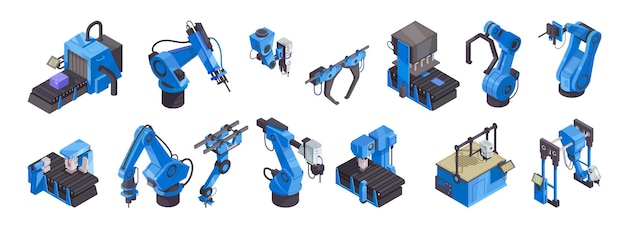 ベクトル 青いロボットアームとツールのベクトル図で設定された等尺性ロボット自動化カラーアイコン