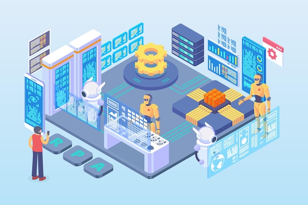 Isometric robotic process automation vector concept