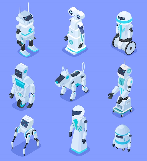 Vettore robot isometrici. animale domestico robot isometrico del robot di sicurezza dell'assistente domestico. robot 3d futuristici con intelligenza artificiale. impostato