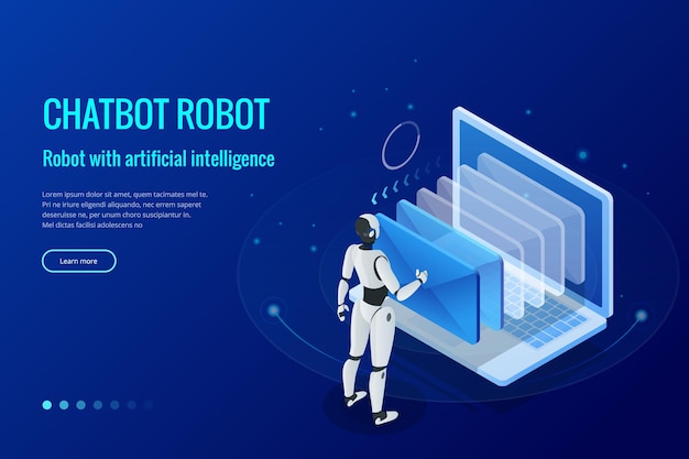 Isometric robots man with artificial intelligence working with a virtual interface in chatbot emails. Message online chat social text vector Illustration.