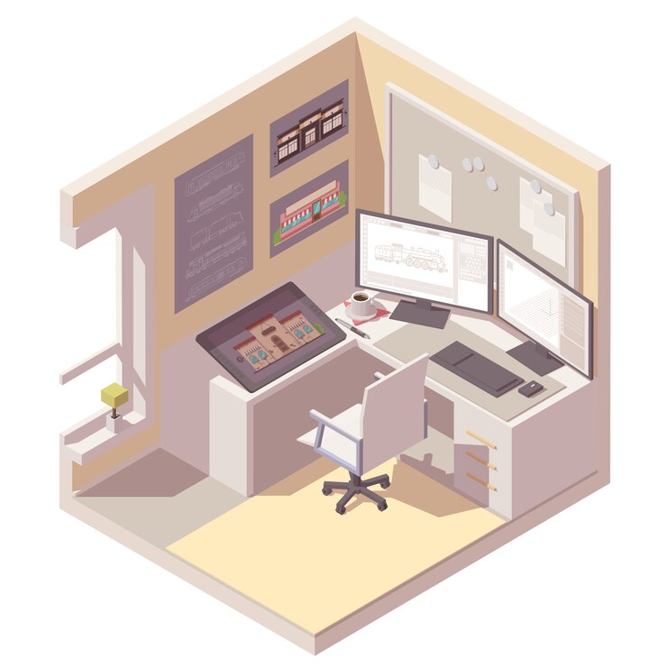 Vector isometric room cross-section with desk, pc, graphic tablet and office chair