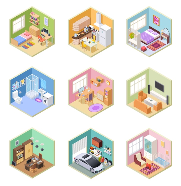 Vector isometric rooms. ed house, living room kitchen bathroom bedroom toilet apartment interior with furniture   set