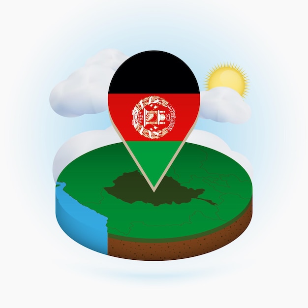 Isometric round map of afghanistan and point marker with flag of afghanistan cloud and sun on background