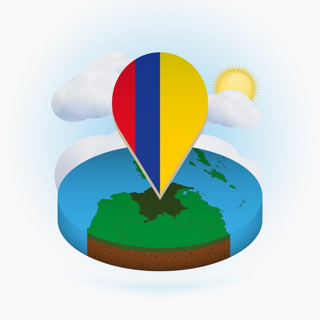 Mappa rotonda isometrica della colombia e indicatore di punto con bandiera della colombia nube e sole sullo sfondo