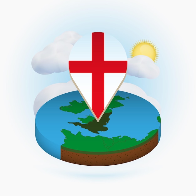 Isometric round map of England and point marker with flag of England Cloud and sun on background