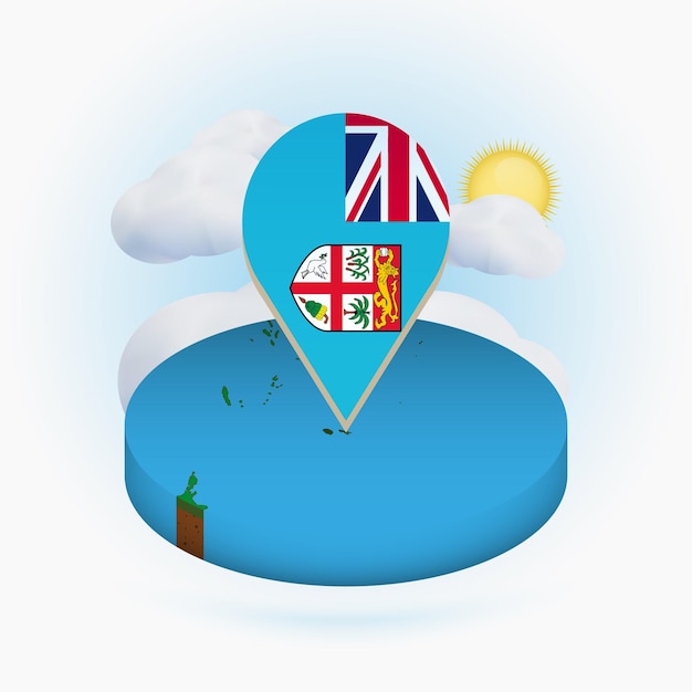 Isometric round map of Fiji and point marker with flag of Fiji Cloud and sun on background