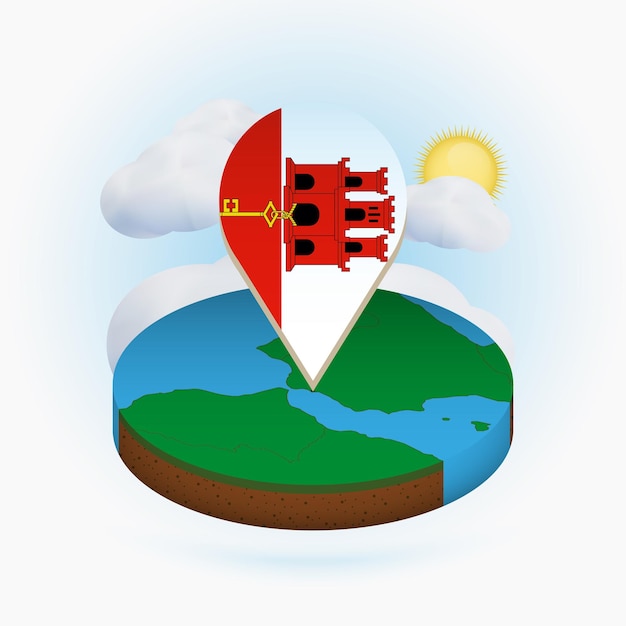 Isometric round map of Gibraltar and point marker with flag of Gibraltar Cloud and sun on background
