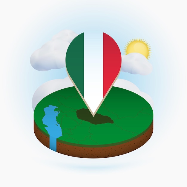 Isometric round map of Hungary and point marker with flag of Hungary Cloud and sun on background