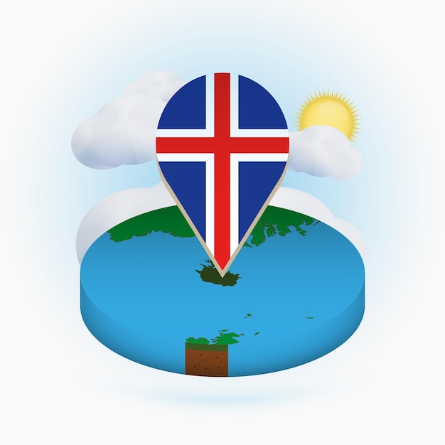 Vector isometric round map of iceland and point marker with flag of iceland cloud and sun on background