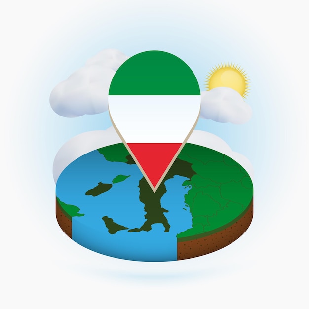Vettore mappa isometrica rotonda dell'italia e indicatore del punto con la bandiera dell'italia nuvola e sole sullo sfondo