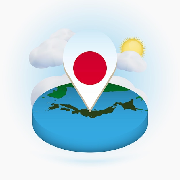 Isometric round map of Japan and point marker with flag of Japan Cloud and sun on background