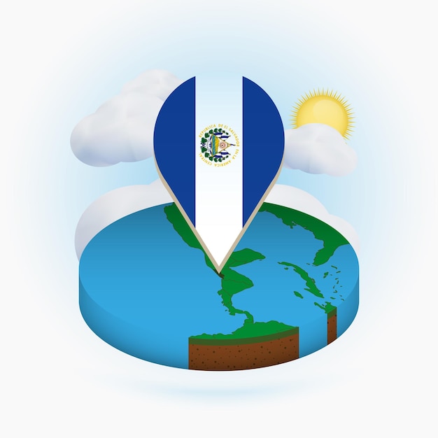 엘살바도르의 아이소메트릭 원형 지도 및 배경에 엘살바도르 구름과 태양의 국기가 있는 포인트 마커