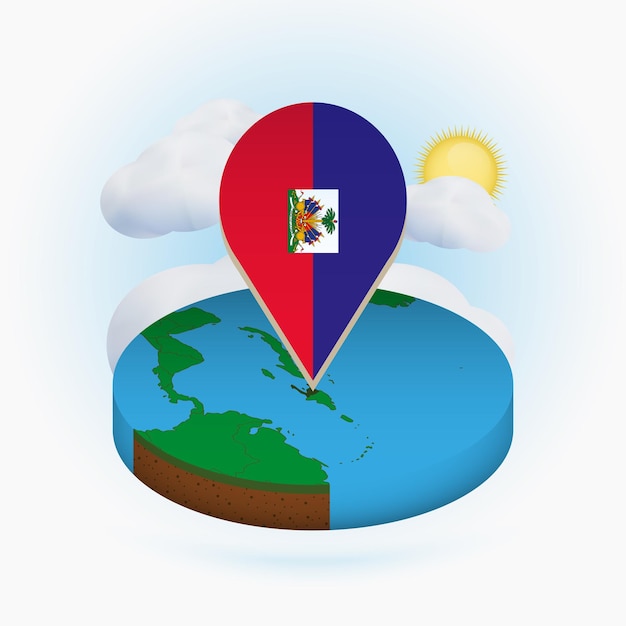Изометрическая круглая карта гаити и точечный маркер с флагом гаити облако и солнце на заднем плане