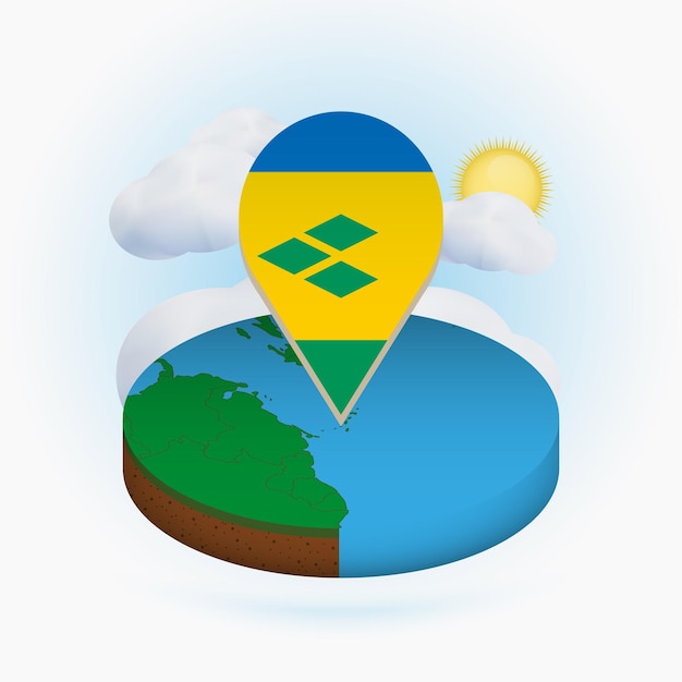 Isometric round map of saint vincent and the grenadines and point marker with flag of saint vincent and the grenadines cloud and sun on background