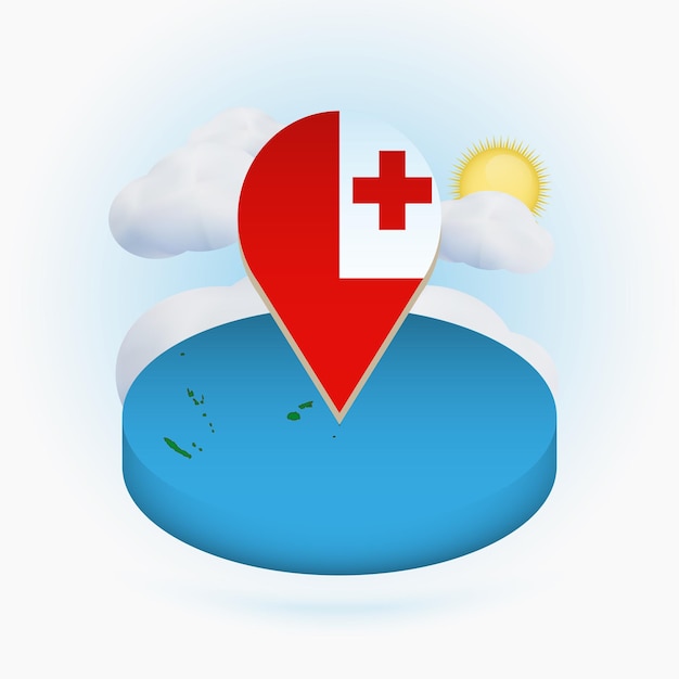 Isometric round map of Tonga and point marker with flag of Tonga Cloud and sun on background