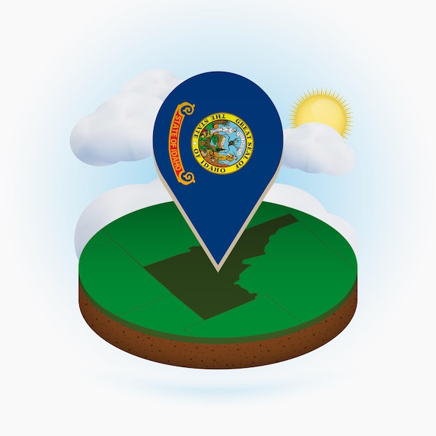 미국 아이다호의 아이소메트릭 원형 지도 및 아이다호 클라우드의 국기와 배경에 태양이 있는 포인트 마커