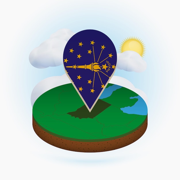 Isometric round map of US state Indiana and point marker with flag of Indiana Cloud and sun on background