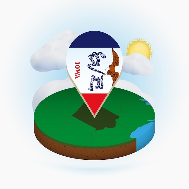 Isometric round map of US state Iowa and point marker with flag of Iowa Cloud and sun on background