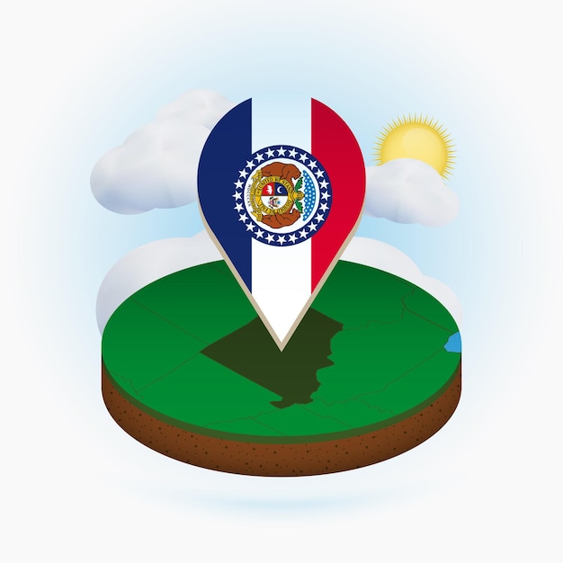 米国ミズーリ州の等尺性ラウンド マップと、背景にミズーリ州雲と太陽の旗を持つポイント マーカー