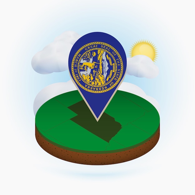 Isometric round map of us state nebraska and point marker with flag of nebraska cloud and sun on background