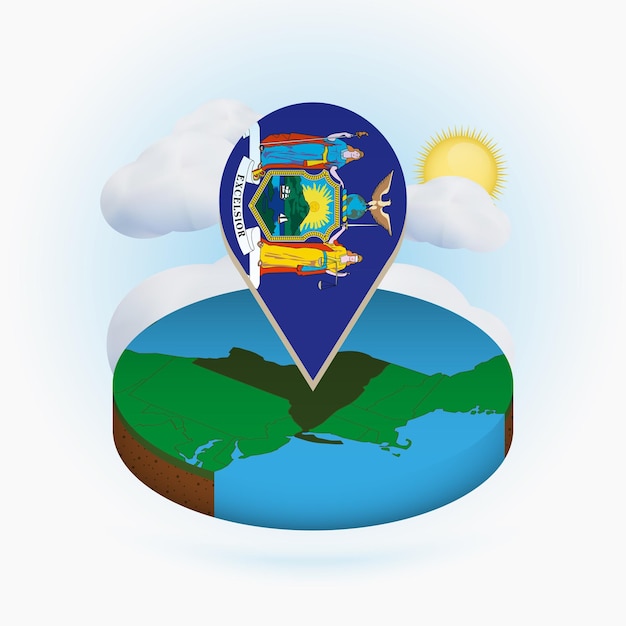 Vector isometric round map of us state new york and point marker with flag of new york cloud and sun on background