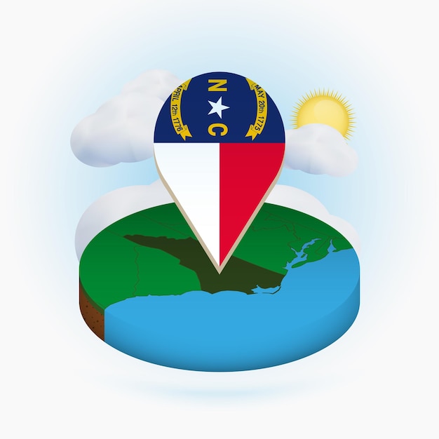 米国ノースカロライナ州の等尺性ラウンド マップと、背景にノースカロライナ州の雲と太陽の旗を持つポイント マーカー