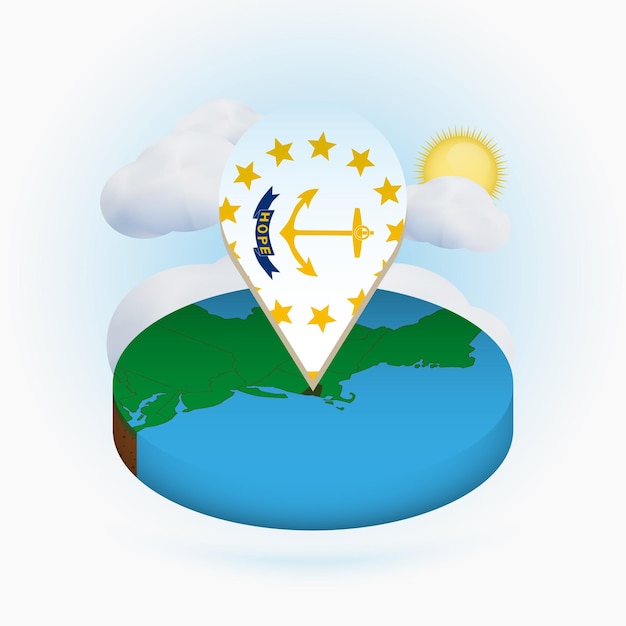 Isometric round map of US state Rhode Island and point marker with flag of Rhode Island Cloud and sun on background