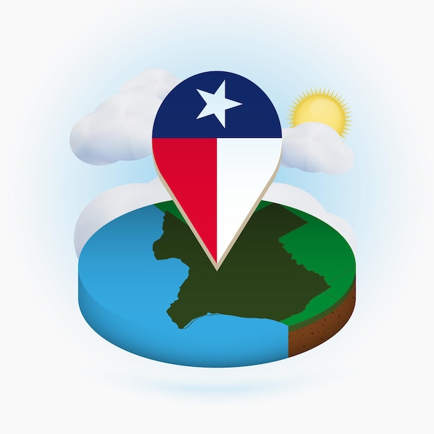 Isometric round map of US state Texas and point marker with flag of Texas Cloud and sun on background