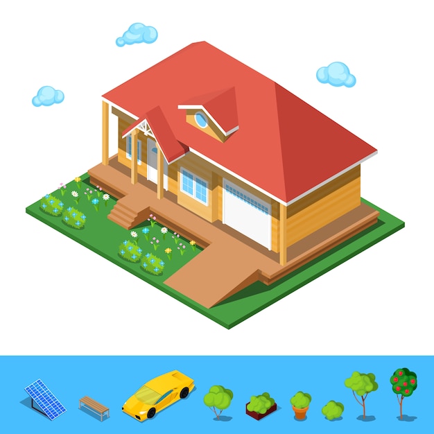 Vector isometric rural cottege building house.