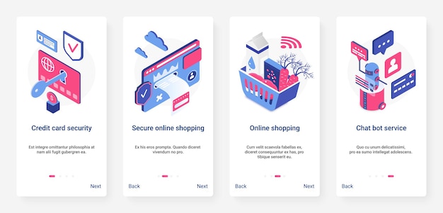 Isometric safe online shopping security ux ui onboarding mobile app page screen set