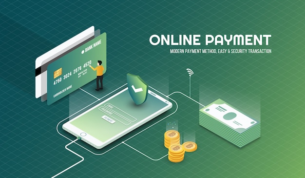 Isometric safe and security online payment background