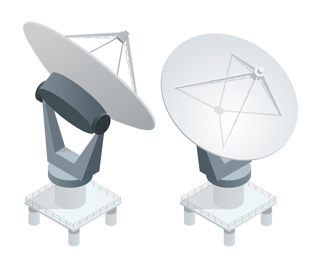 Vector isometric satellite dish antennas on white. wireless communication equipments. flat vector illustration. can be used for workflow layout, game, diagram, number options, web design and infographics.