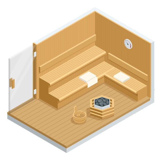 Isometric sauna interior finnish sauna classic wooden sauna wooden benches and loungers accessories for sauna spa complex in the hotel