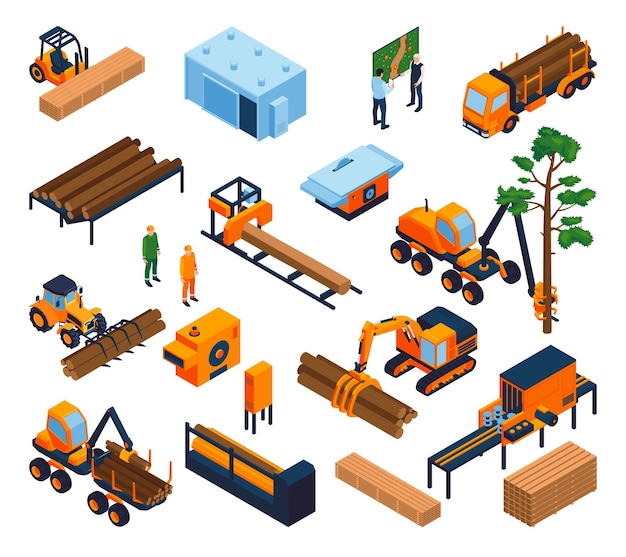 Vector isometric sawmill and lumberjack equipment icons set isolated vector illustration