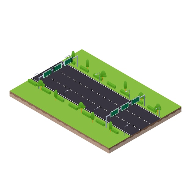 Isometric scene of highway road with sign and spotlight lamp