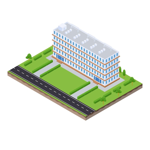 Isometric scene of office apartment city building and road