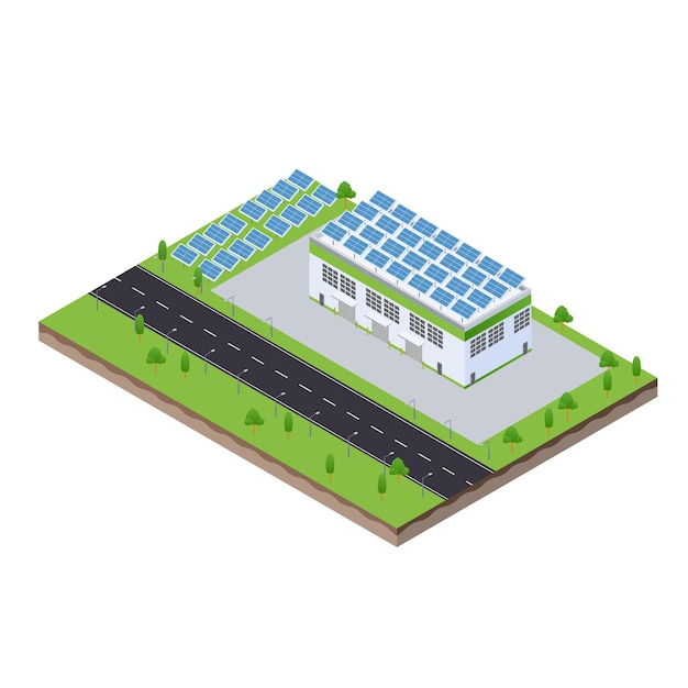 Isometric scene of solar farm panels on the roof at green manufacturing industry factory